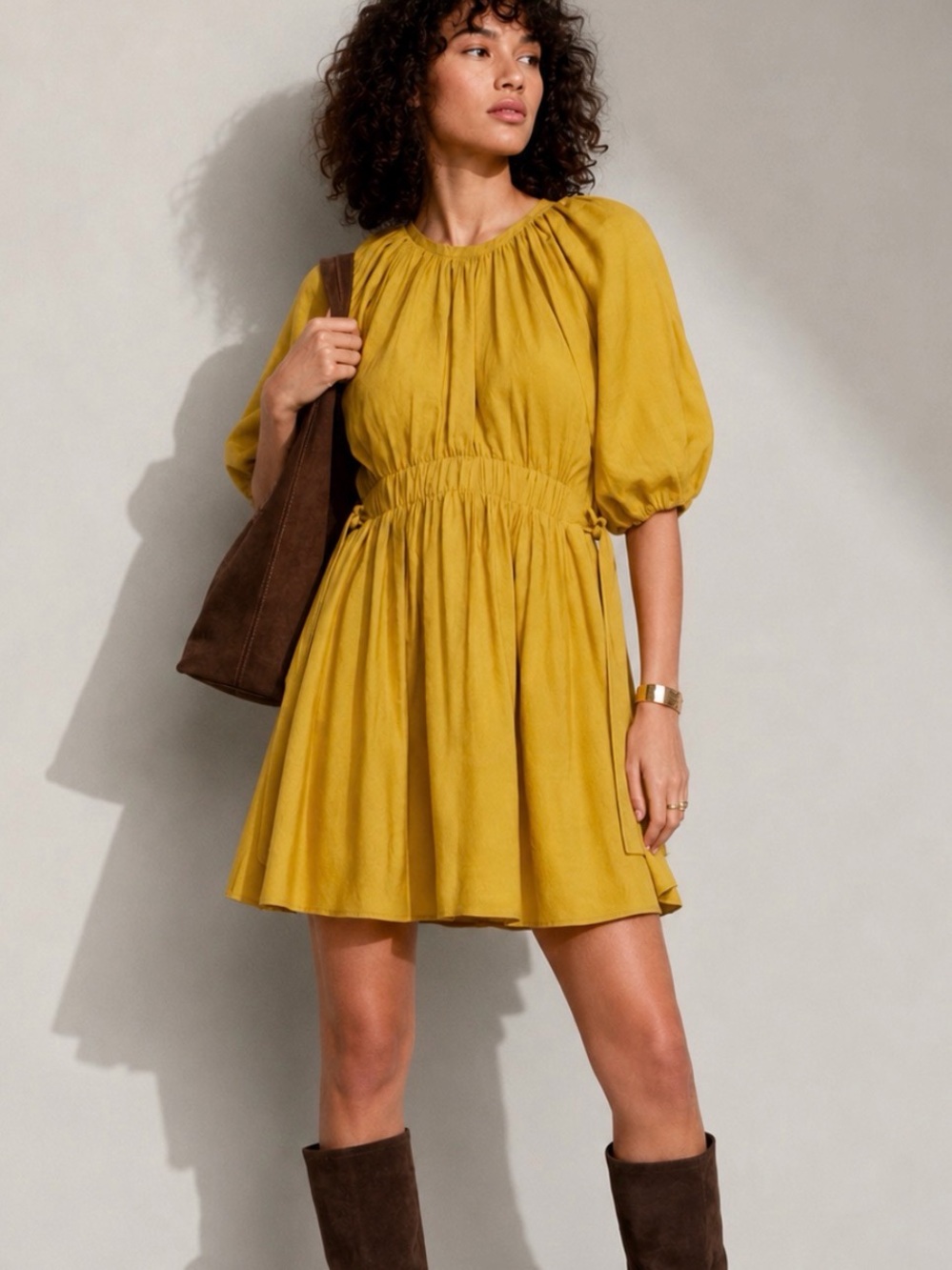ZARA Yellow Puff Sleeve Babydoll Mini Dress Size M NWT